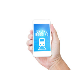 Hand holding mobile phone with Online booking word isolated on w