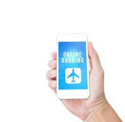 Hand holding mobile phone with Online booking word isolated on w