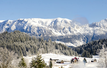 Fototapeta na wymiar Mountain landscape in winter with snowy trees in sunny day