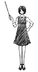 指示棒を持つ女性 / 白黒 / 注意