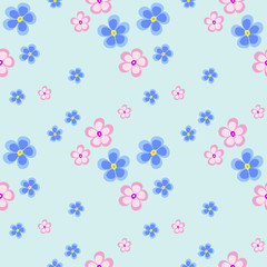 Fototapeta na wymiar Seamless floral vector pattern. Chaotic background with blue and pink flowers on the blue backdrop