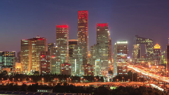 China, Beijing Central Business District(CBD), Day to Night, Time-Lapse(Panning Shot). 