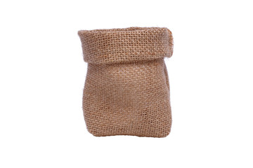 Small burlap sack isolated on white background.