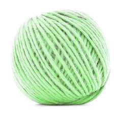 Green braided skein, crochet yarn roll isolated on white background