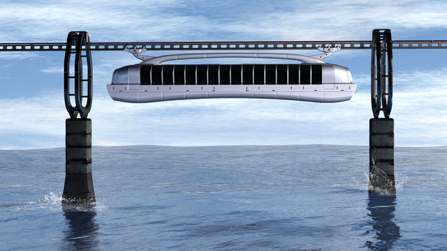 Monorail-Schwebebahn in einer futuristischen Kulisse