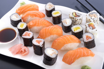 Japanese sushi set on a white plate