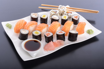 Japanese sushi set on a white plate