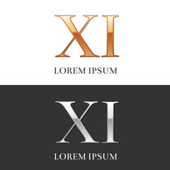 11, XI, Luxury Gold and Silver Roman numerals, sign, logo, symbo