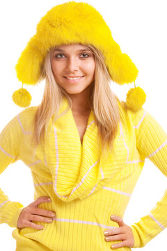 Girl In Yellow Fur Cap And Sweater