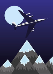 Vector Illustration of modern passenger jet aircraft flying above stylized mountain range under a full moon