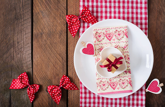 Romantic table setting for Valentines day in a rustic style. Top view