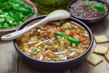 Homemade soup with lentils and sausages