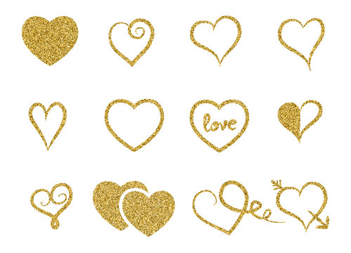 Set of decorative gold glitter texture isolated hearts on white background. Romantic shiny icons for valentine's day, design, greeting card, scrapbook, decoration, party, banner