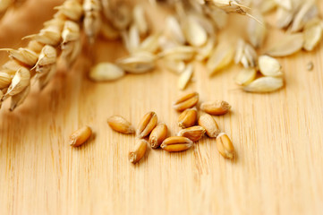 Ears of wheat on wooden board