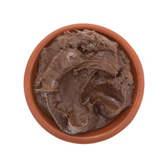 Bowl of chocolate peanut butter on a white background