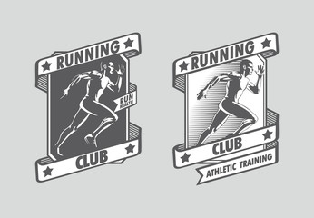 Vector illustration of a woman with the running man in the frames. Running posters and logos.