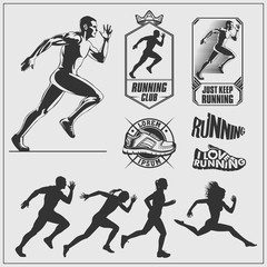 Running set. Silhouettes of running women and men, running logos and labels.