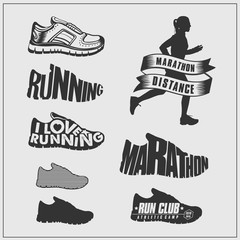 Running set. Silhouettes of running women, shoes, logos and labels.
