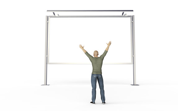 man looking at a billboard isolated on white