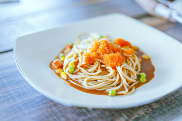 Spaghetti with shrimp&egg shrimp vintage color