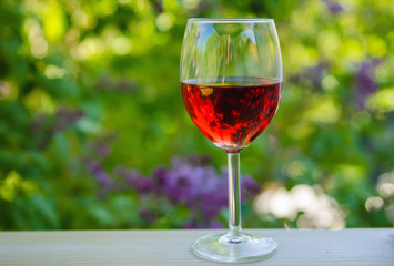 Glass of red wine in the garden, natural drink organic background