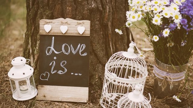 Love is - inscription for wedding. Wedding decor. Toned in retro style.