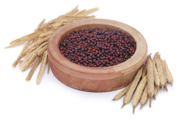 Fresh mustard in a wooden bowl