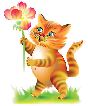 Joyful cat holding a flower, vector cartoon image. 