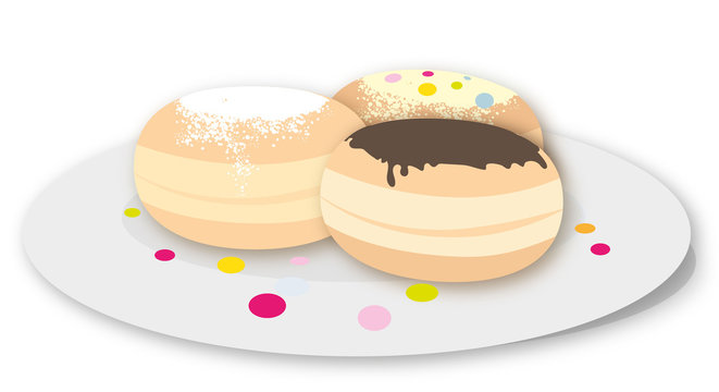 donuts on plate, powdered sugar, chocolate, colorful clip art preview