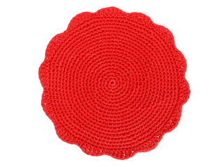 Crochet red placemat on white background - obrazy, fototapety, plakaty