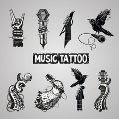 Music tattoo collection. Isolated rock sign. Set for music fans.
