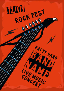 Music poster with a guitar riff in the shape of an eagle. Rock background