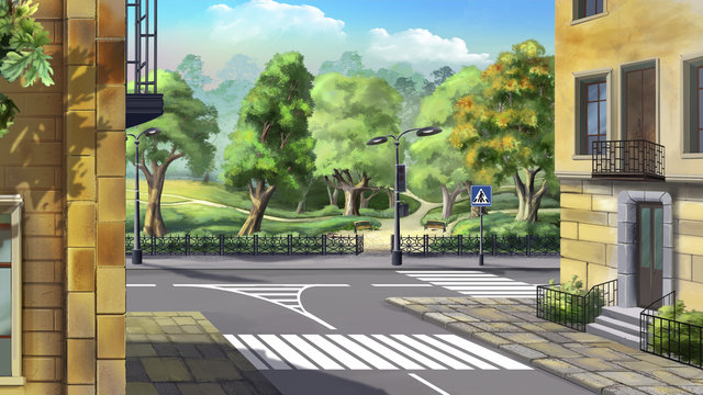 Digital painting of the Crossroad on the background of the city garden.