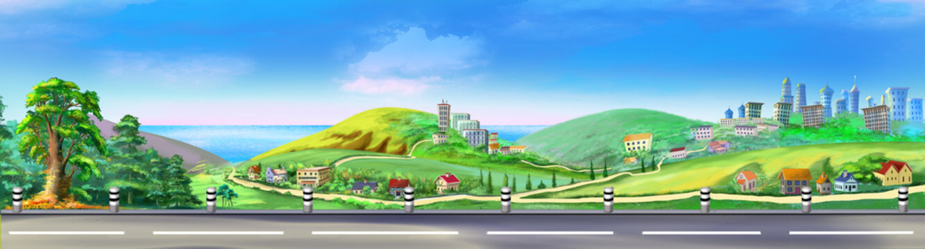 Digital painting of the view from the green meadow with buildings, sea  and asphalt road