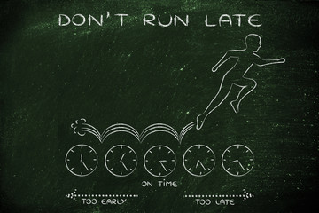 Fototapeta na wymiar person running on clocks, with text Don't run late