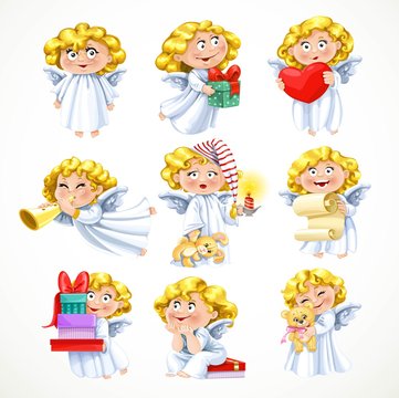 Cute little blond angel with gifts and toys isolated on white ba