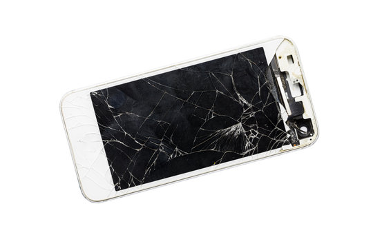 Modern mobile smartphone with broken screen isolated on white ba