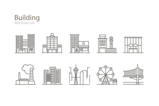 Building Icons Set. Line Art. Stock Vector.