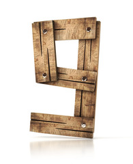 wooden number nine (9). 3d illustration isolated