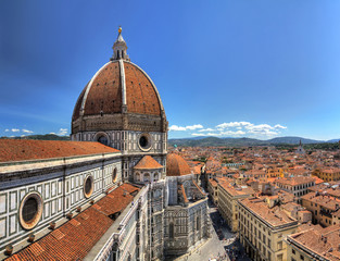 Fototapeta na wymiar Wide angle HDR view on the Florence Cathedral from the Bell tower next to it, in Florence, Italy