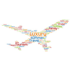Obraz premium Conceptual colorful plane silhouette travel tourism text word cloud