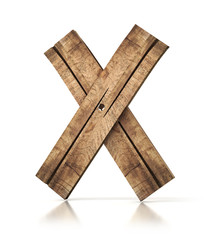 Single wooden X letter isolated on the white background. 3d illustration. wooden font.