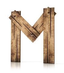 Single wooden M letter isolated on the white background. 3d illustration. wooden font.