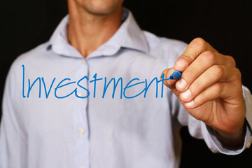 Investment. Close up of businessman writing on screen. Business, teamwork and finance.