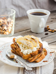 toast for breakfast with sweet cream cheese and pear,coffee, rus
