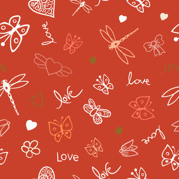 romantic seamless pattern with butterflies, hearts, flowers and lettering