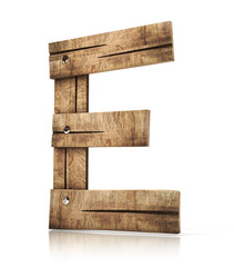 Single wooden E letter isolated on the white background. 3d illustration. wooden font.