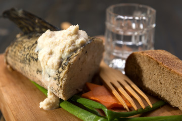 A traditional Jewish dinner, stuffed pike and black bread