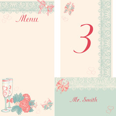 Fototapeta na wymiar Design in the retro-style menu, table number, banquet cards for 