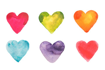 Set of multicolored hearts painted in watercolor